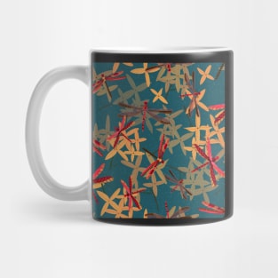 Thailand red dragonflies and ixora flowers on dark blue Mug